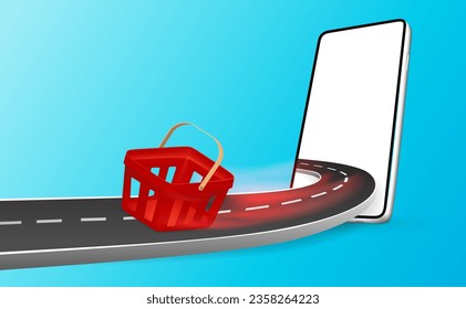 Red shopping cart moving away from mobile phone at speed on road, online fast delivery concept, shopping online, logistics, food delivery. 3d for advertising design vector illustration