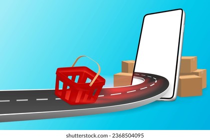 Red shopping cart moving away from mobile phone at speed on road. Concepts of buying products online shopping, fast delivery, logistics, food delivery. 3d for advertising design vector illustration