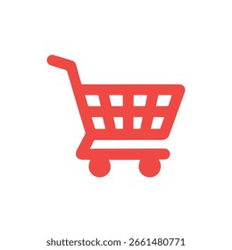 Icono de Vector de Carrito de compras rojo aislado en un diseño de fondo blanco limpio, que representa la simplicidad en línea de venta al por menor, compras y comercio electrónico en una estética moderna.
