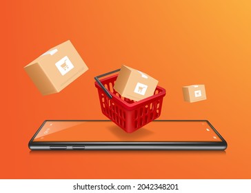 Los carritos de compras rojos y las cajas de paquetes están flotando en el aire sobre el smartphone y todos los objetos sobre el fondo naranja, el vector 3d para la entrega y el diseño de concepto de compras en línea, vector para la venta de promoción