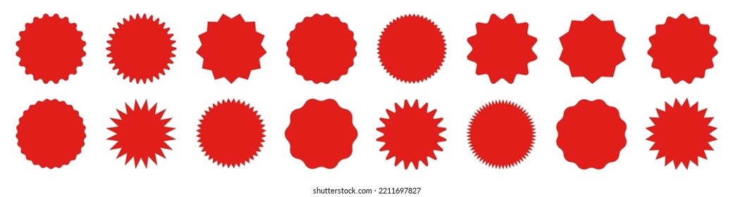 Red shopping labels collection. Sale or discount sticker. Special offer price tag. Supermarket promotional badge. Vector sunburst icon.