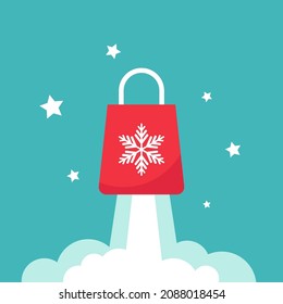 red shopping paper bag as rocket. flat icon isolated on blue. Fast delivery vector illustration. Christmas present shopping symbol. New year gift. Winter Holiday sales, discount.