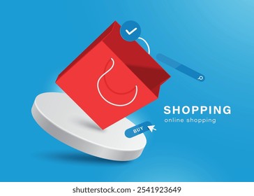 Red shopping paper bag, search bar, order confirmation icon and buy button floating in mid-air on a white circular podium, vector 3d on blue background for online shopping concept design