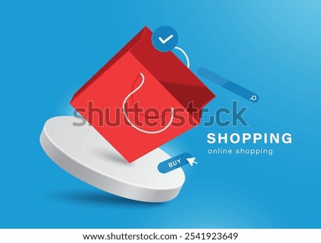 Red shopping paper bag, search bar, order confirmation icon and buy button floating in mid-air on a white circular podium, vector 3d on blue background for online shopping concept design