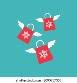 red shopping paper bags with wings. flat icon isolated on blue.  vector illustration. Christmas present shopping symbol. New year gift. Holiday sale symbol
