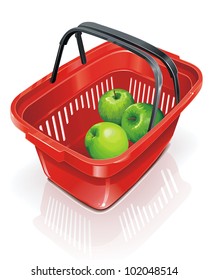 Red shopping plastic basket with fresh green apples. Isolated Vector illustration on white background.