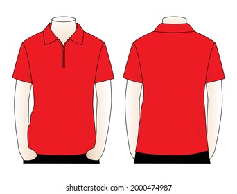 Red short sleeve polo shirt with zip placket template on white background. Front and back views, vector file.