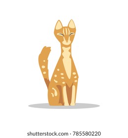 Red short-haired cat with light spots on body and stripes on muzzle. Adorable domestic pet feeling pleasure with eyes closed. Cartoon animal character. Flat vector design