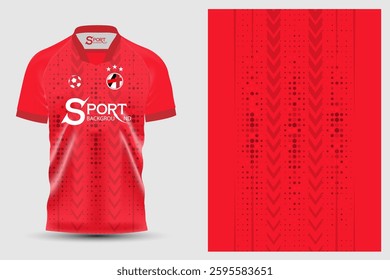 A red short-sleeved polo shirt with a white logo and letters. On the right side of the image is a piece of red fabric printed with graphics and stripes.