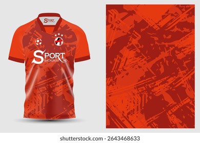 Red short-sleeved sports shirt, which is a modern sportswear. The graphic pattern on the shirt is lines and groups of lines in dark and light red tones, which is a neutral and complex design.