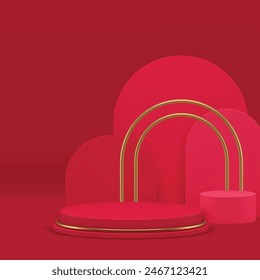Red showcase 3d podium with golden decor for luxury product presentation realistic vector illustration. Fashion elegant trendy geometric showroom cylinder pedestal arch semi circle wall background