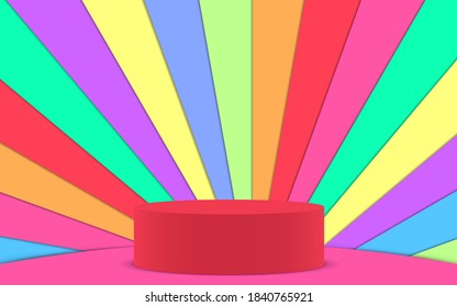 red showcase podium with colorful paper background in the studio room