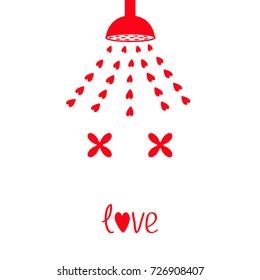 Red shower bath douche with red hearts water aqua drops. Love greeting card. Happy Valentines Day sign symbol. Tap switch. Flat design. White background. Isolated. Vector illustration.