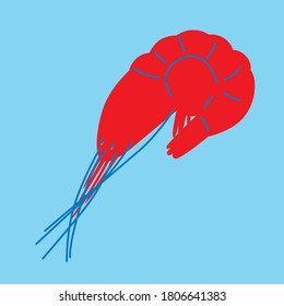 Seafood-Garnelen-Vektorgrafik einzeln Element. Rote, blaue, türkisfarbene Flachlebensmittel. Kreative skandinavische Meeresfrüchte-Illustration. 