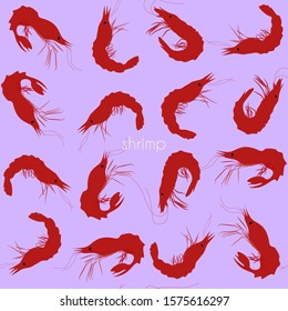 Red shrimp on a light violet background seamless pattern. Seafood vector image. Healthy food bright saturation background. Purple, lilac, pink. EPS10
