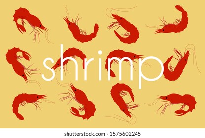 Red shrimp on a yellow background. Seafood vector image. Congratulation, gift, greeting card, party invitation, web page. EPS10
