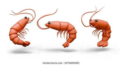 Red shrimp in realistic style. Underwater creature in different poses for dynamic design