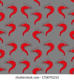 Red shrimp seamless pattern on grey background. cartoon style, vector illustration. Easy to use for backdrop,textile,wrapping paper, wrapping paper,print.	