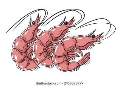 Red shrimps isolated on white background. Shrimps icon in cartoon style. Vector illustration