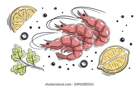 Red shrimps, lemons slice and parsley with spices isolated on white background. Shrimps with vegetables to design menu in cartoon style. Vector illustration