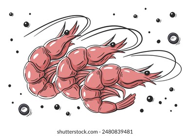 Red shrimps with spices isolated on white background. Shrimps to design menu in cartoon style. Vector illustration