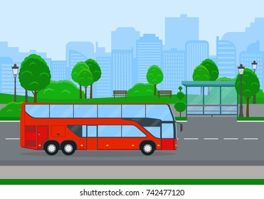 Red shuttle bus going on country road. Flat style vector illustration.