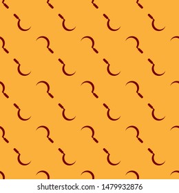 Red Sickle icon isolated seamless pattern on brown background. Reaping hook sign.  Vector Illustration