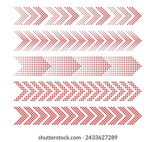 Red side arrows. Dotted arrow signs with halftone effect, direction sign. Red pointers with round pixels. Forward symbol isolated vector icons set. Navigation indicator symbols collection