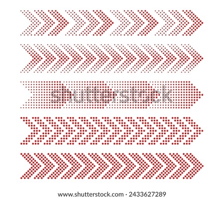 Red side arrows. Dotted arrow signs with halftone effect, direction sign. Red pointers with round pixels. Forward symbol isolated vector icons set. Navigation indicator symbols collection