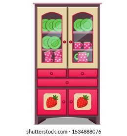 Red sideboard with a pattern of strawberries on the doors and dishes inside .Isolated on a white background. Vector cartoon close-up illustration.