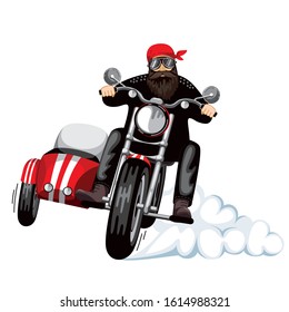 red sidecar motorcycle. the biker behind the wheel. white background