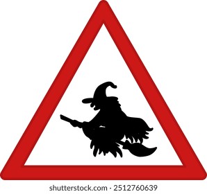 Red Sign Attention Witch Road. Warning Road Sign. Evil Witch Flying on a Broom. Vector Icon