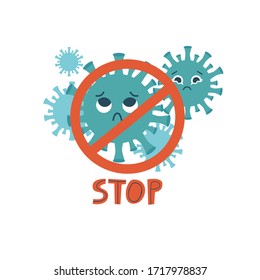 Red sign caution coronavirus. Cartoon style. Flat design. Vector illustration.