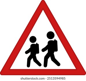 Señal Roja Precaución Cruce Escolar. Señal de advertencia. Niños Con Mochilas Escolares Que Van A La Escuela. Iconos del vector
