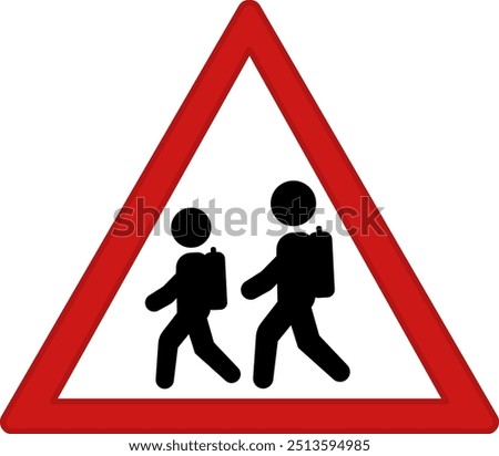 Red Sign Caution School Crossing. Warning Road Sign. Children With School Backpacks Going To School. Vector Icons
