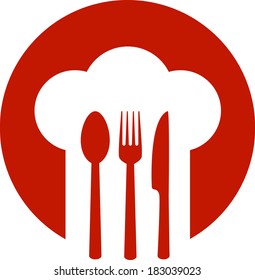 red sign with chef hat and spoon, fork, knife