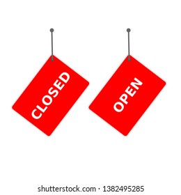 red sign "closed" and "open" tag on white background.