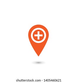 Red sign. Cross icon, Map pin symbol Hospital sign Vector illustration