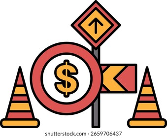 Un signo rojo con un Iniciar sesión de dólar en el medio y una flecha roja apuntando hacia arriba. Hay dos conos naranjas en el fondo