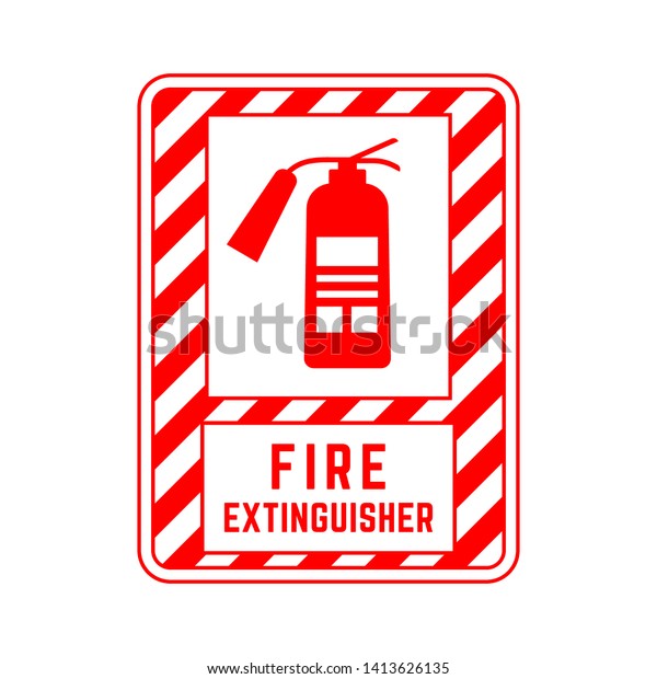 red sign fire extinguisher for public places. flat\
cartoon modern logo graphic simple design element for board\
isolated on white background. concept of fast extinguishing flame\
for shopping center