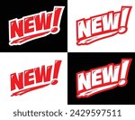 Red sign New in comic style . Vector label, sticker on transparent and black background