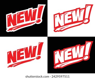 Red sign New in comic style . Vector label, sticker on transparent and black background