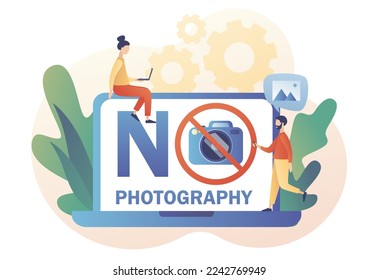 Red sign No camera on laptop screen. No photography icon. No pictures. Modern flat cartoon style. Vector illustration on white background