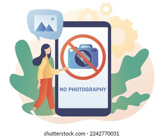 Red sign No camera on smartphone screen. No photography icon. No pictures. Modern flat cartoon style. Vector illustration on white background