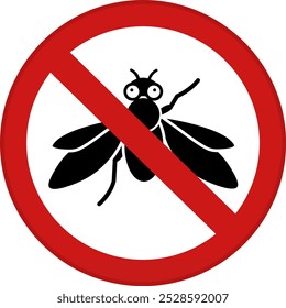 Red Sign No Fly. Vector Icon. Round Sign with Fly. Pest Control, Insect Extermination