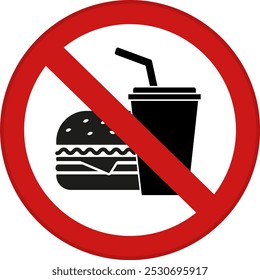 Red Sign No Food and Drinks Allowed. Vector Icon. Prohibitory Round Sign. Hamburger and Drink with Straw. Do Not Take Food Products. Fast Food Prohibited