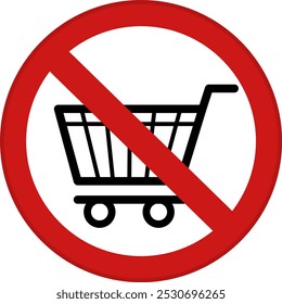 Signo Rojo Sin Carrito de compras. Icono de Vector. Signo redondo de prohibición. Pegatina para centros comerciales y tiendas. No Coloque Carritos de compras