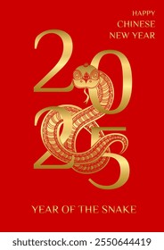 Um sinal vermelho com o número 2025 nele. O signo é ouro e tem uma cobra nele. Tradução para o chinês: Feliz Ano Novo.