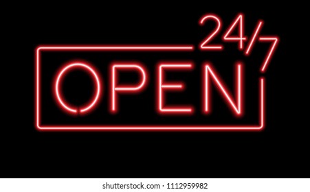 Red sign Open 24/7 hours neon lights for night club or bar.