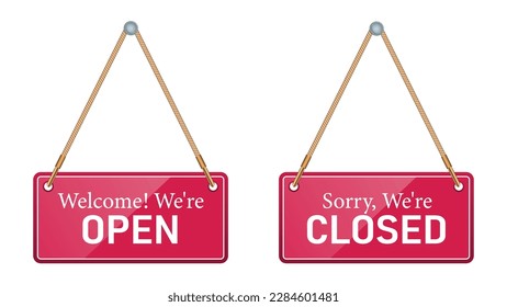 Red sign open and closed with white frame and rope